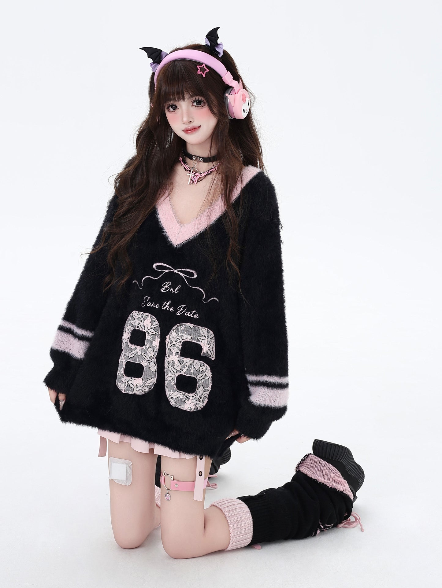 Crazy Girl 86 Pink Black Blue White Fuzzy Sweater