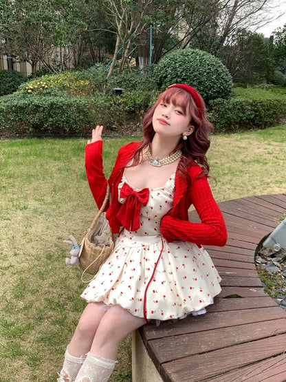 Picnic Girl Cute Cherry Red Bow Beige Strap Dress