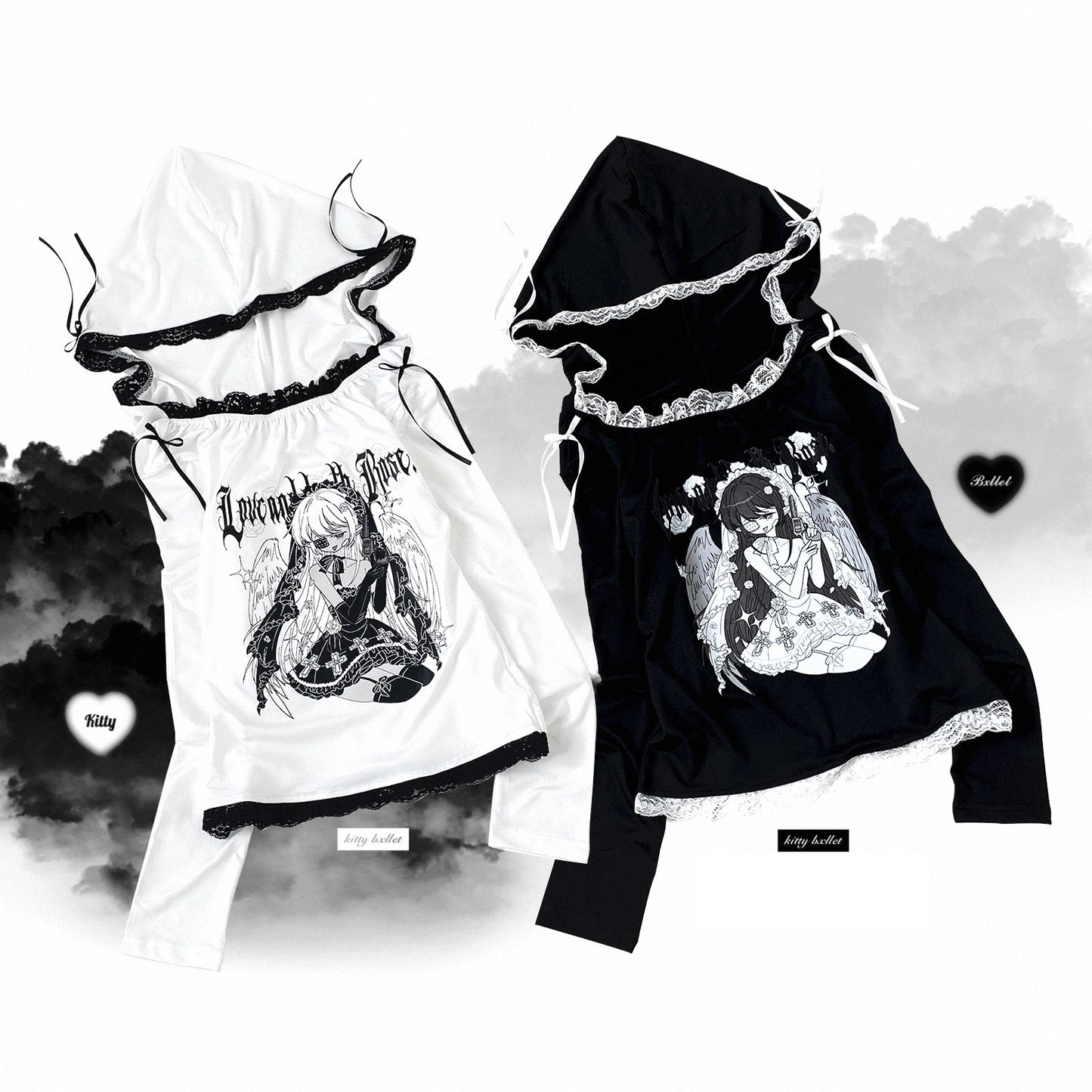 Kitten Bullet Love and Death Rose Black White Shirt Top