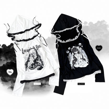 Kitten Bullet Love and Death Rose Black White Shirt Top