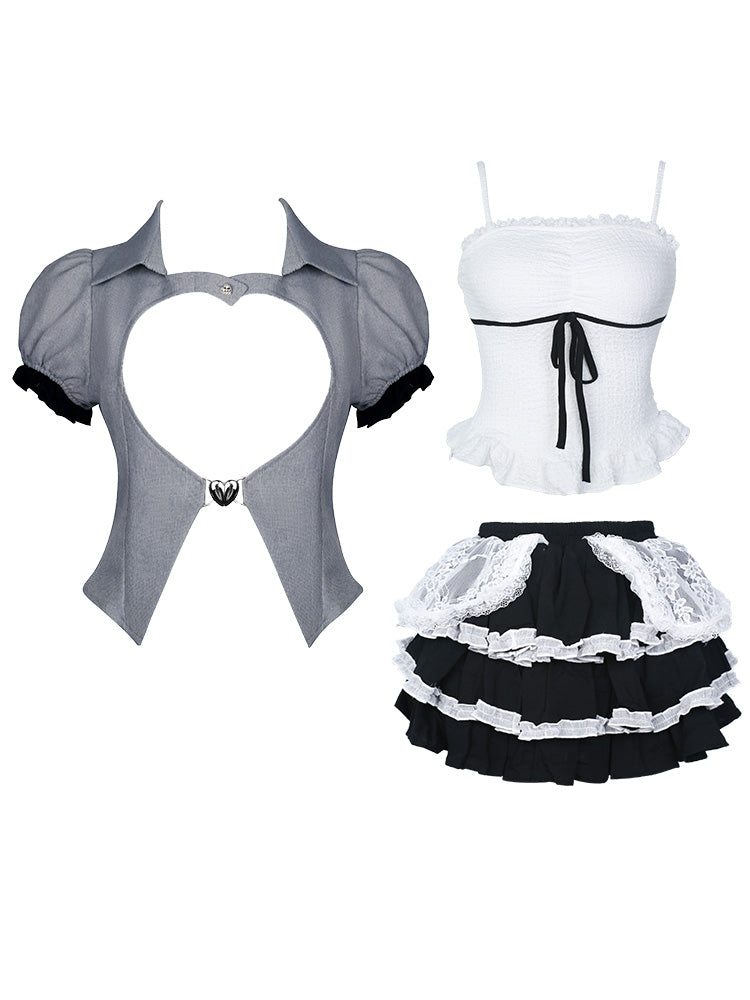 Serendipity Love Letter White Camisole & Gray Jacket & Black Skirt Three Piece Set