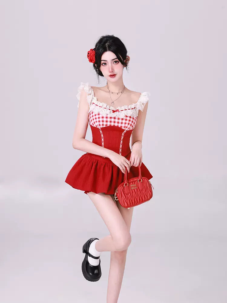 Kiki Little Cherry Red Black Blue Top & Skirt Two Piece Set