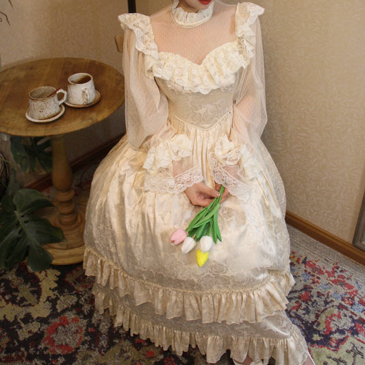 Vintage Glow Lace Satin Retro Rose Classic Princess Cream Long Sleeve Dress