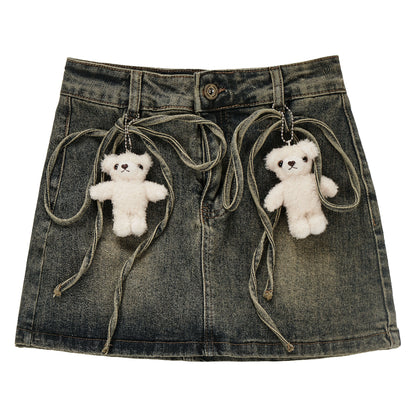 Teddy Bear Doll Grunge Y2K Dirty Wash Denim Short Skirt