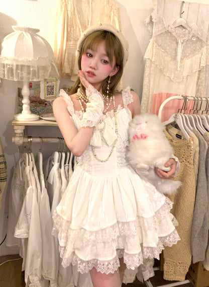 Picnic Girl Vanilla Latte Sweet Balletcore White Lace Strap Dress