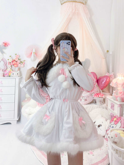 Candy Fairy Pink & White Pastel Princess Fur Plush Velvet Thick Jacket Coat Dress