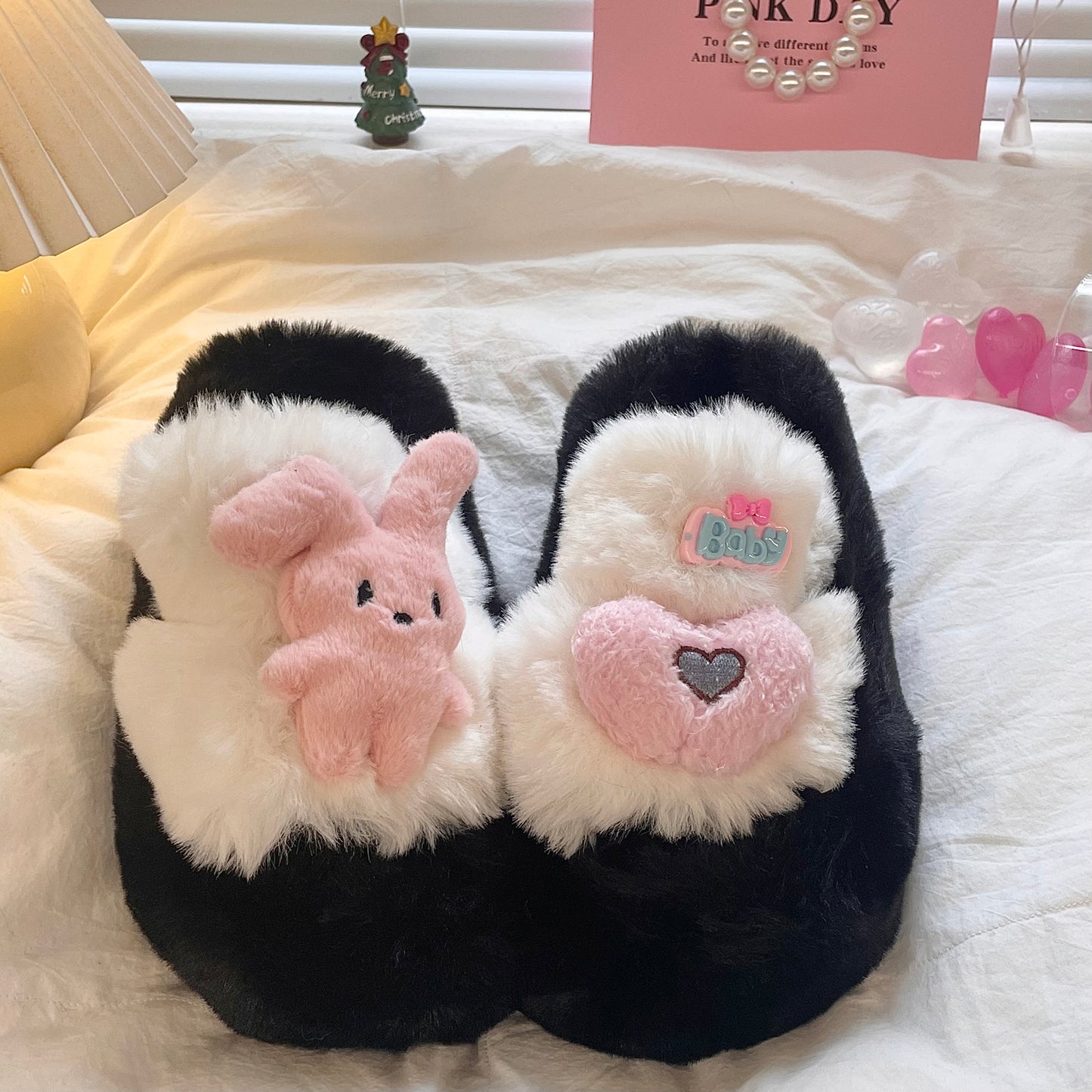 Rabbit Heart Love Decorative Plush Fluff Slippers Shoes