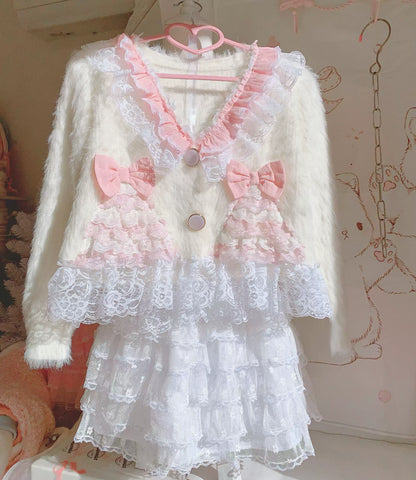 Candy Fairy Spring Lady Lace Knit White Pink Cardigan