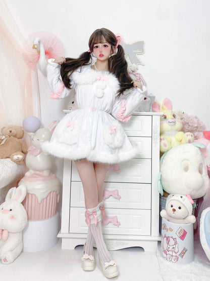 Candy Fairy Pink & White Pastel Princess Fur Plush Velvet Thick Jacket Coat Dress