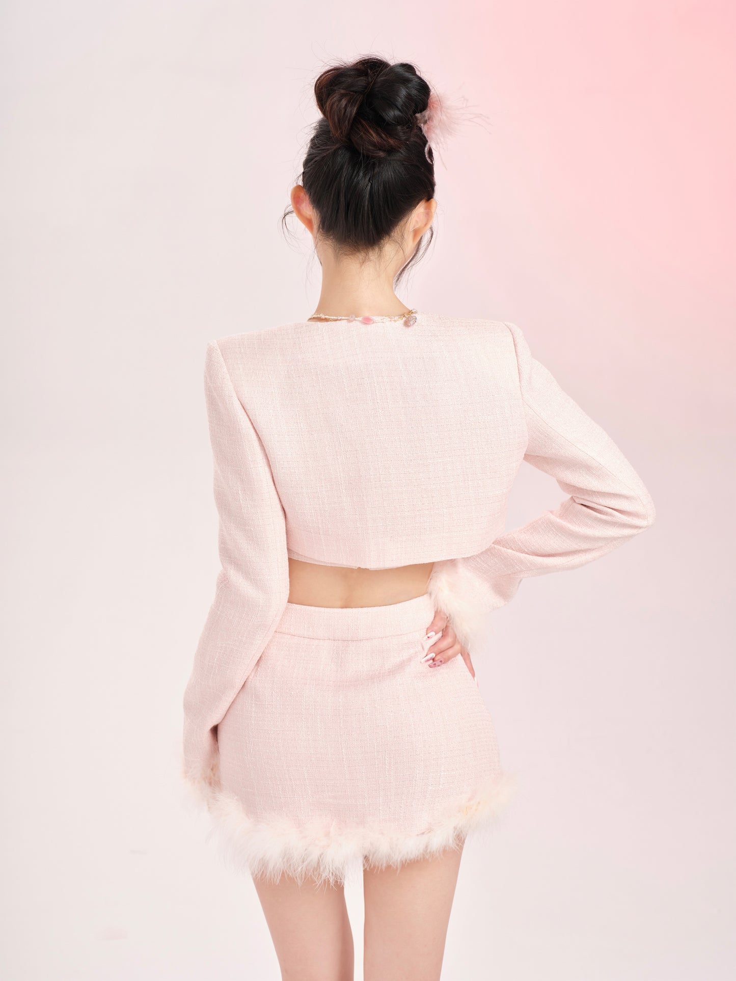 Lucia Lady Pearl Soft Pastel Pink Tube Top & Mini Skirt & Jacket Three Piece Set