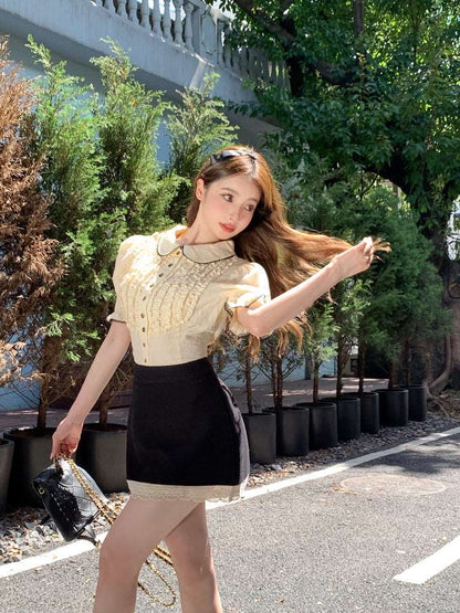 Creamy Sweet Doll Collar Lace Beige Blouse Shirt Black Mini Skirt Two Piece Set