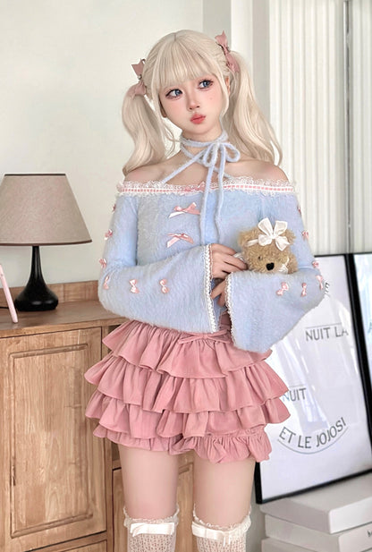 Serendipity Coquette Sweet Bow Blue Sweater & Pink Ruffled Skirt Two Piece Set