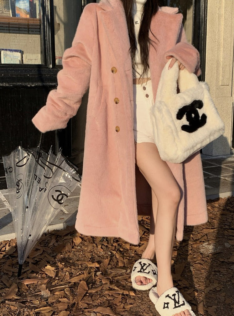 Pink Winter Velvet Mid-length Long Woolen Coat