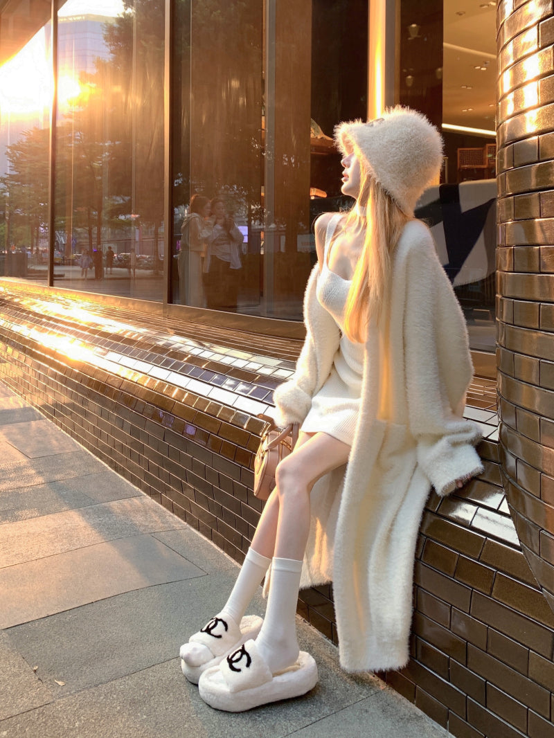 Fall Winter Knit Pure White Bodycon Strap Dress & Faux Mink Fur Long Coat Two Piece Set