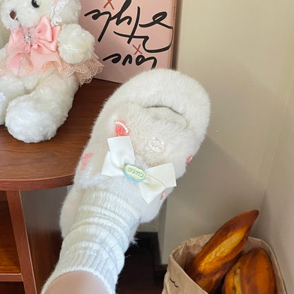 Decorative Cartoon Bow White Plush Fluff Slippers Shoes