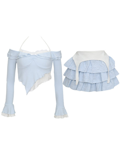 Serendipity Sea Salt Ruffled Pastel Blue Shirt Top & Skirt Two Piece Set