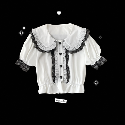 Kitten Bullet Jirai Kei Love Craft Lace Doll Collar Pink Black White Short Sleeve Shirt Blouse