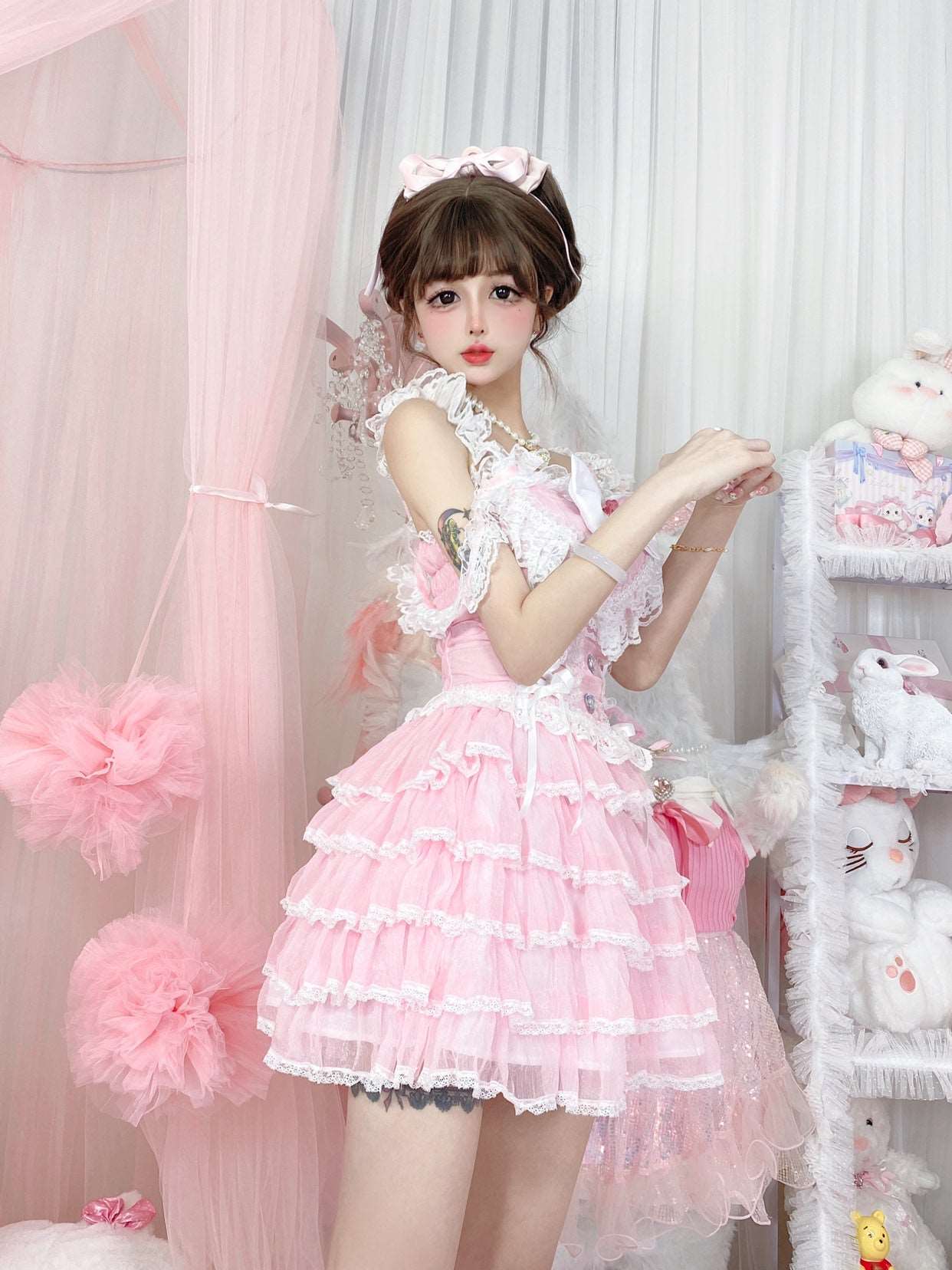 Candy Fairy Supreme Pink Princess Cake Ruffled Layered Lace Strap Dress