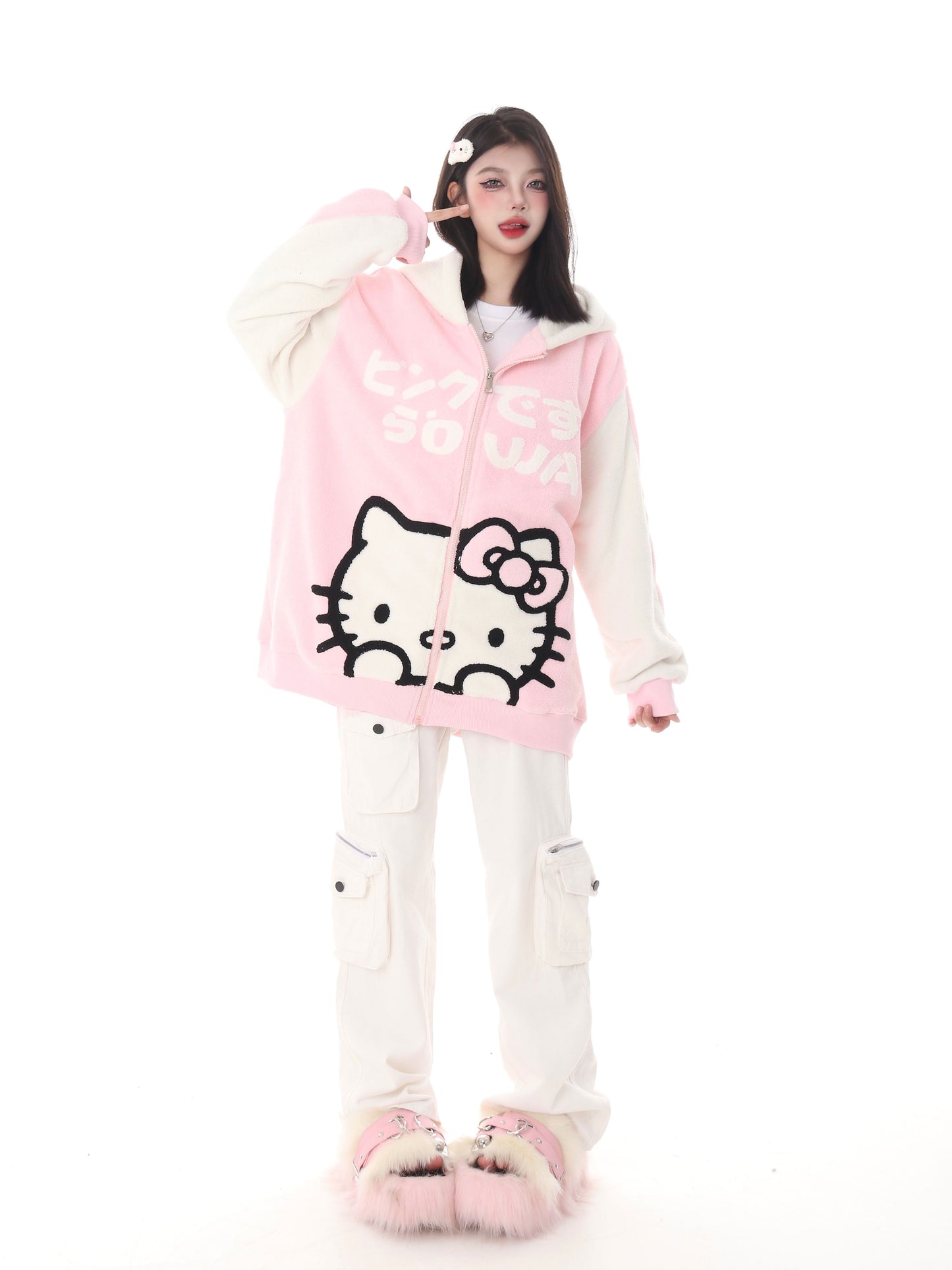 Cute Kitty Cat Pink Black Polar Fleece Y2K Oversize Hoodie Jacket