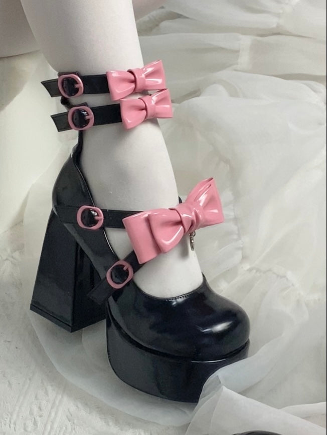 Pocket Cat Lolita Black Pink White Bow High Heels Shoes