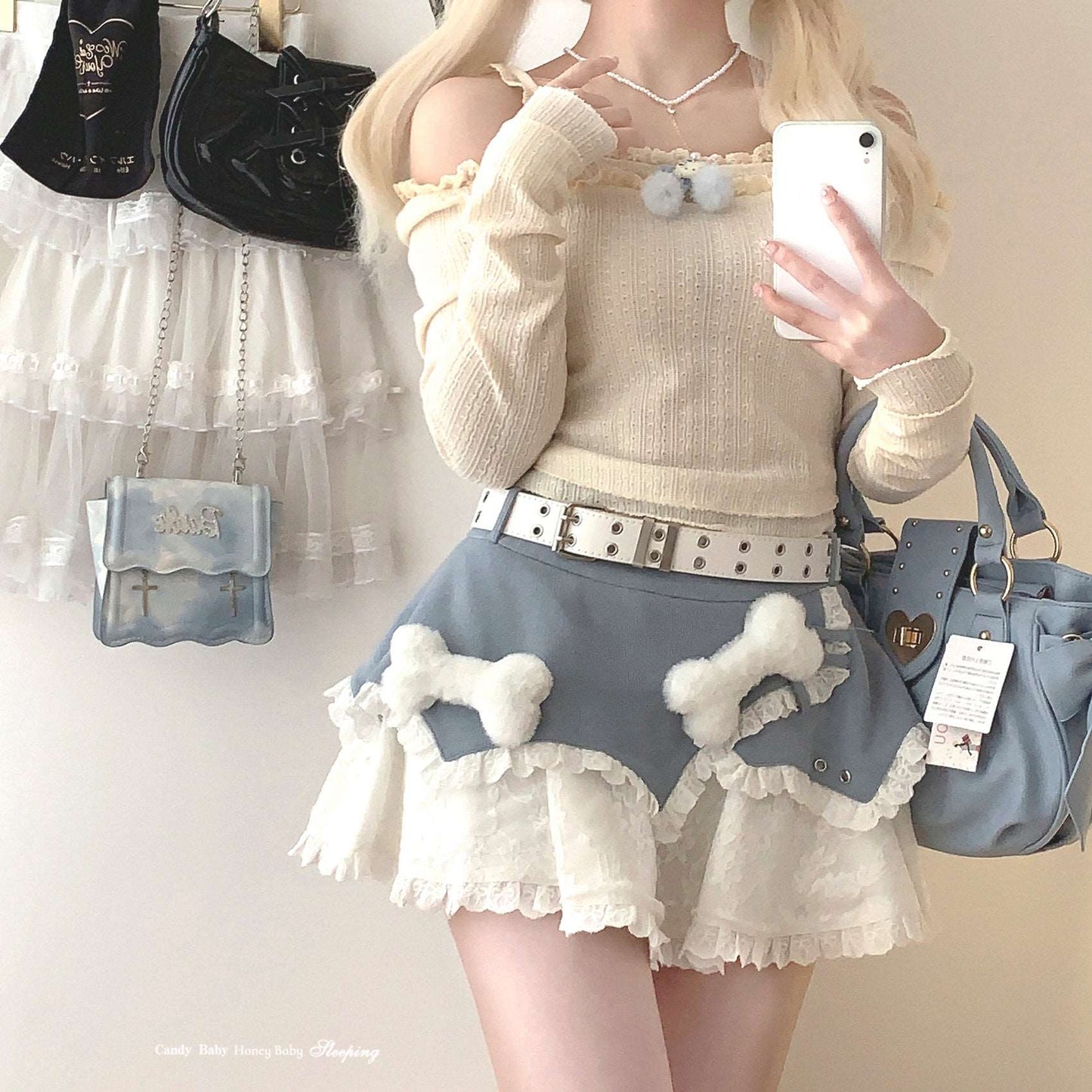 Dormir Doll Y2K Plush Bone Blue & Gray Lace Ruffled Mini Skirt