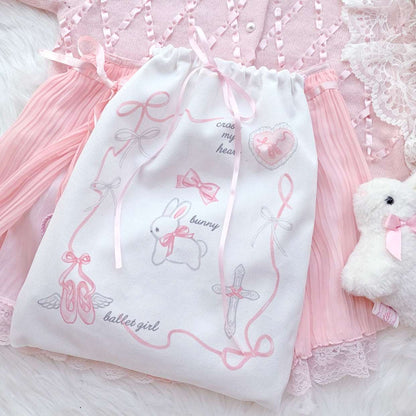 Coquette Girl Sweet Rabbit White & Pink Bow Handmade Drawstring Cinch Bag