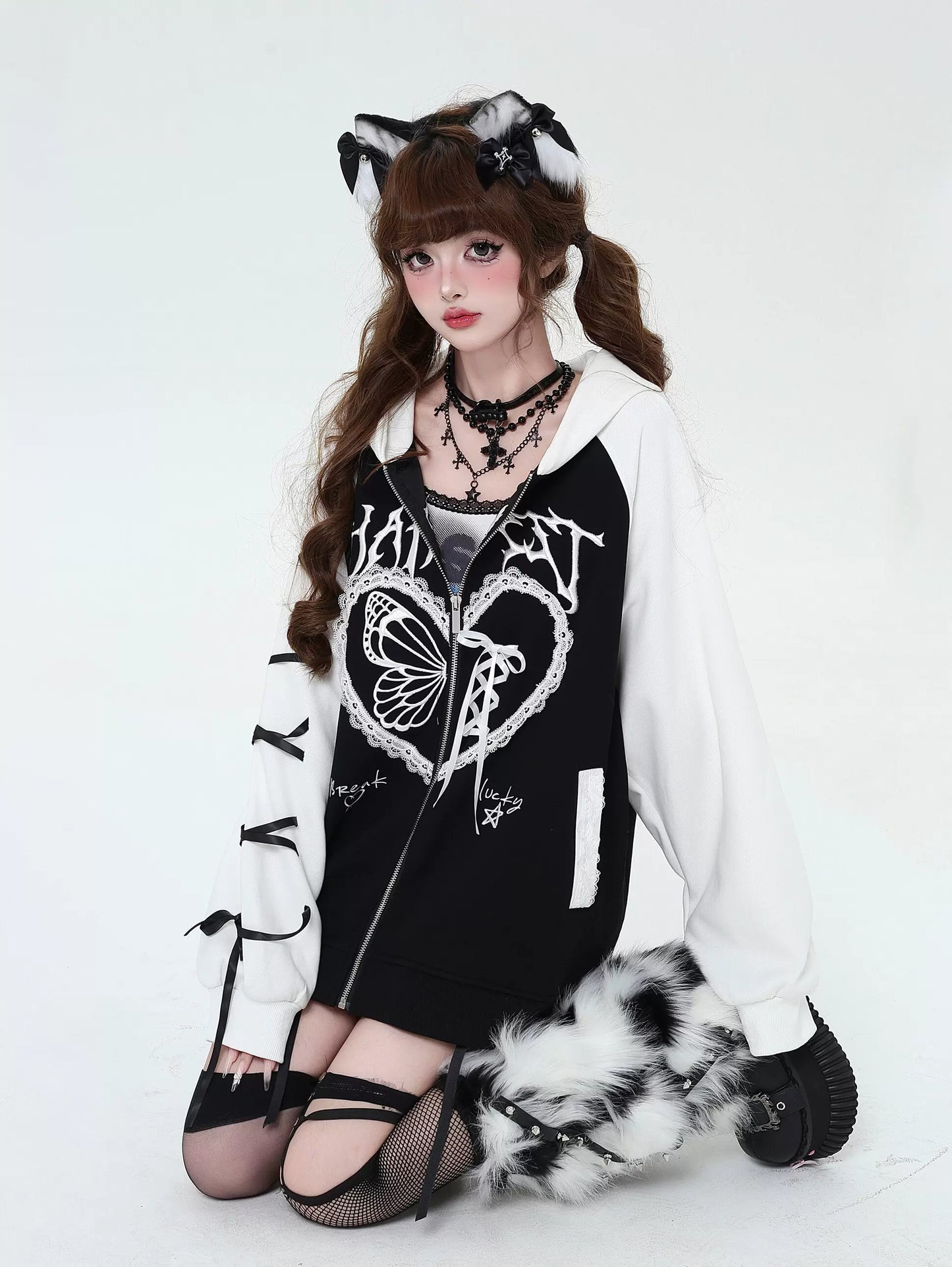 Crazy Girl Dark Lace Black White Raglan Jacket Hoodie