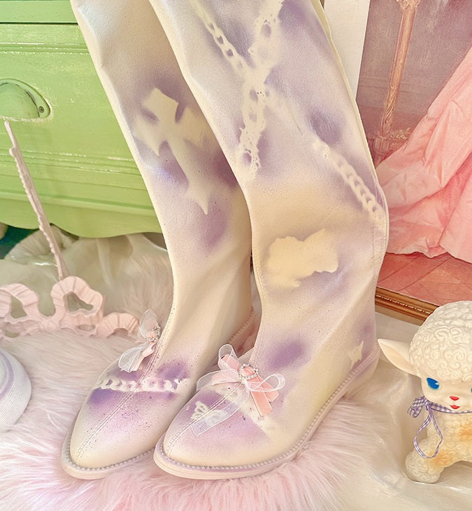 Pinky Sweet Pink Bow Lace Graffiti White Purple Knight High Boots Shoes