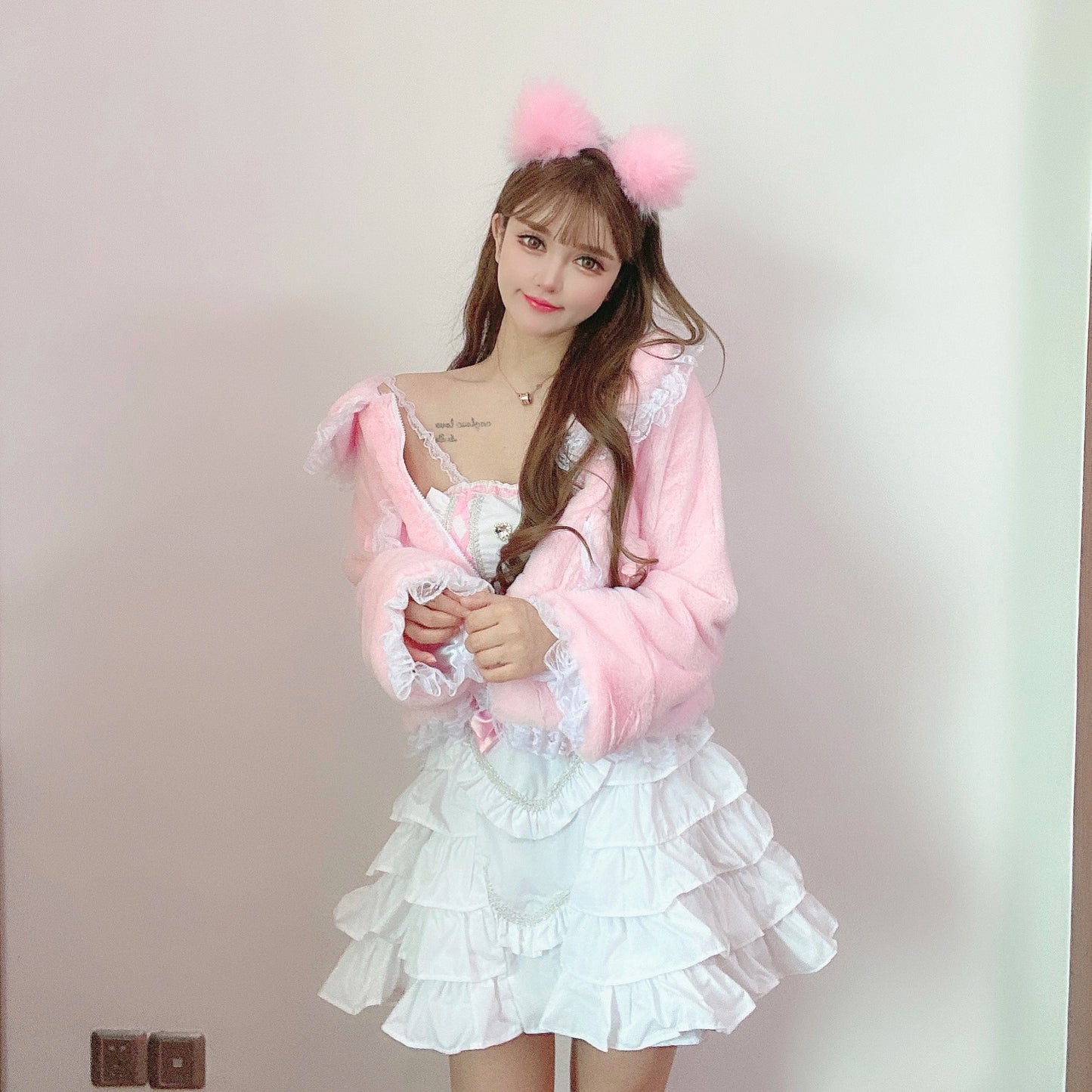 Candy Fairy Pink Plush Faux Rabbit Fur Pastel Pink Bow Lace Winter Jacket