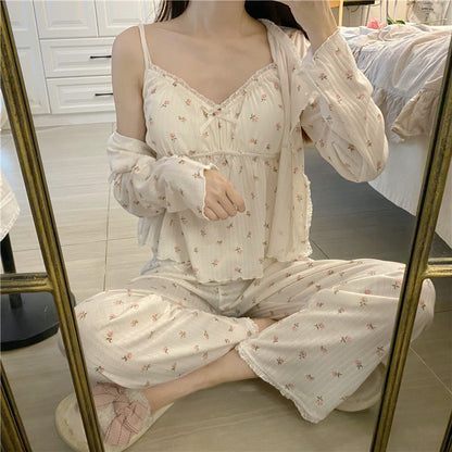 Pink Blue Floral Cotton Pajamas Sleepwear Three Piece Set