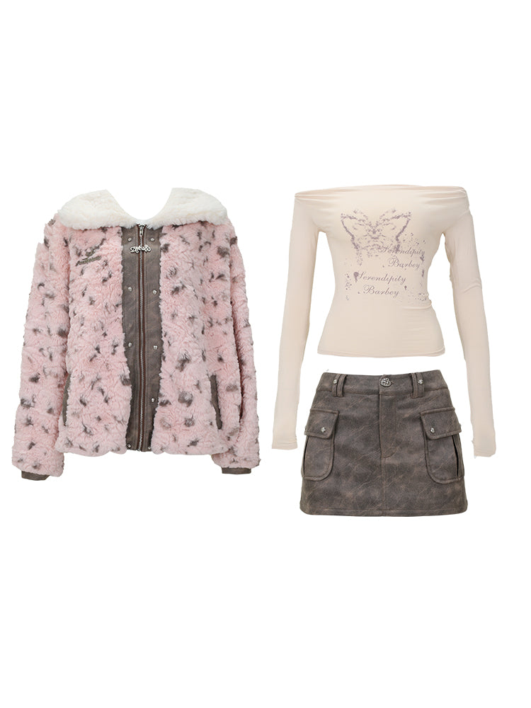 Serendipity Winter Pink Leopard Plush Jacket & Butterfly Off Shoulder Shirt & Mini Skirt Three Piece Set