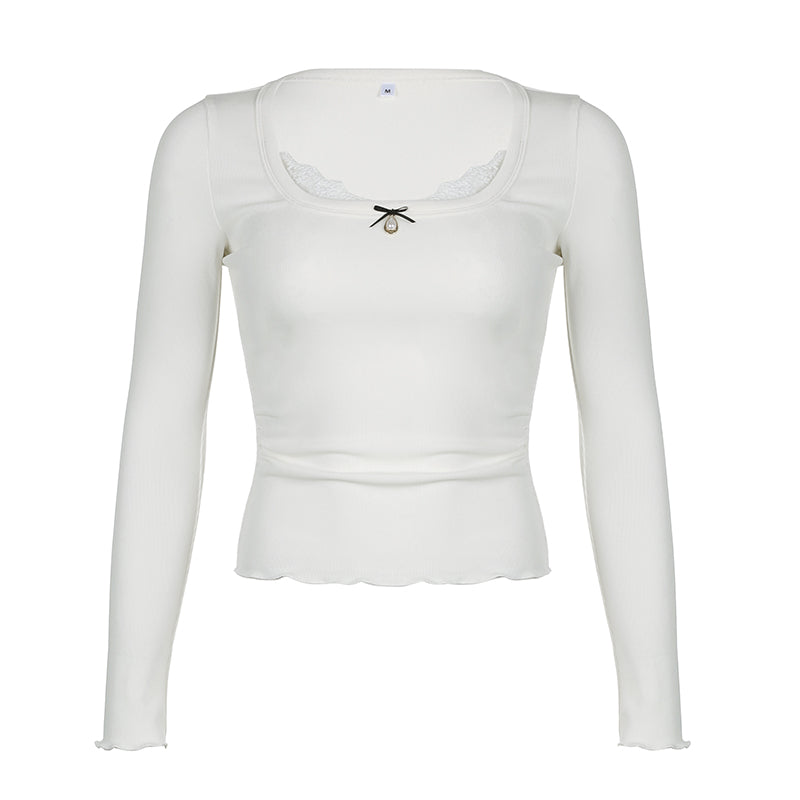 Coquette Mini Bow Lace Square Collar White Top Shirt