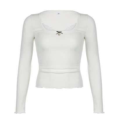 Coquette Mini Bow Lace Square Collar White Top Shirt