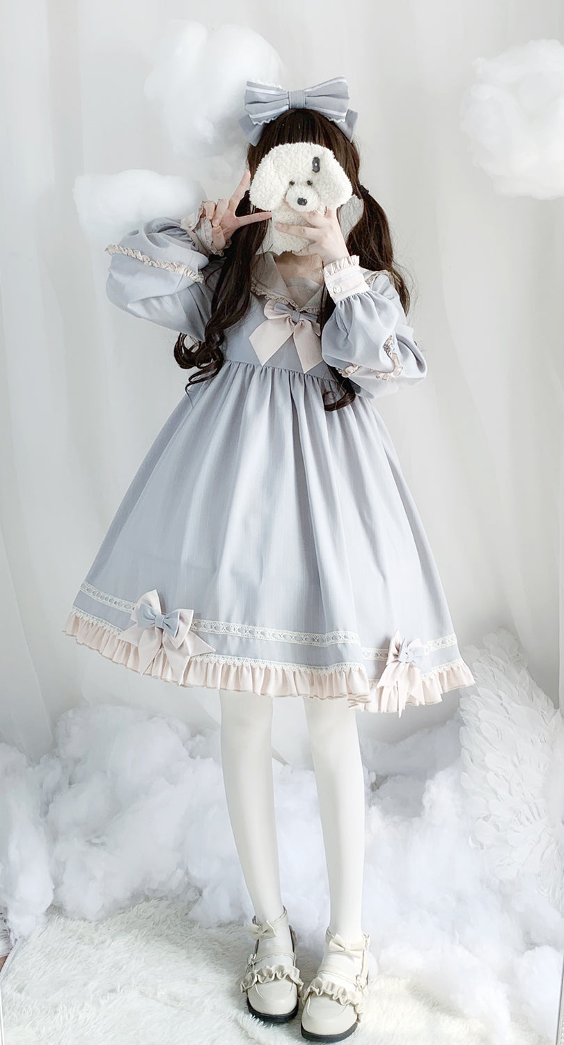 Lolita Sailor Collar Navy Blue & Sky Blue Bow Long Sleeve Dress