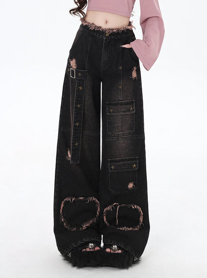 Crazy Girl Distressed Punk Black Heart Denim Baggy Pants