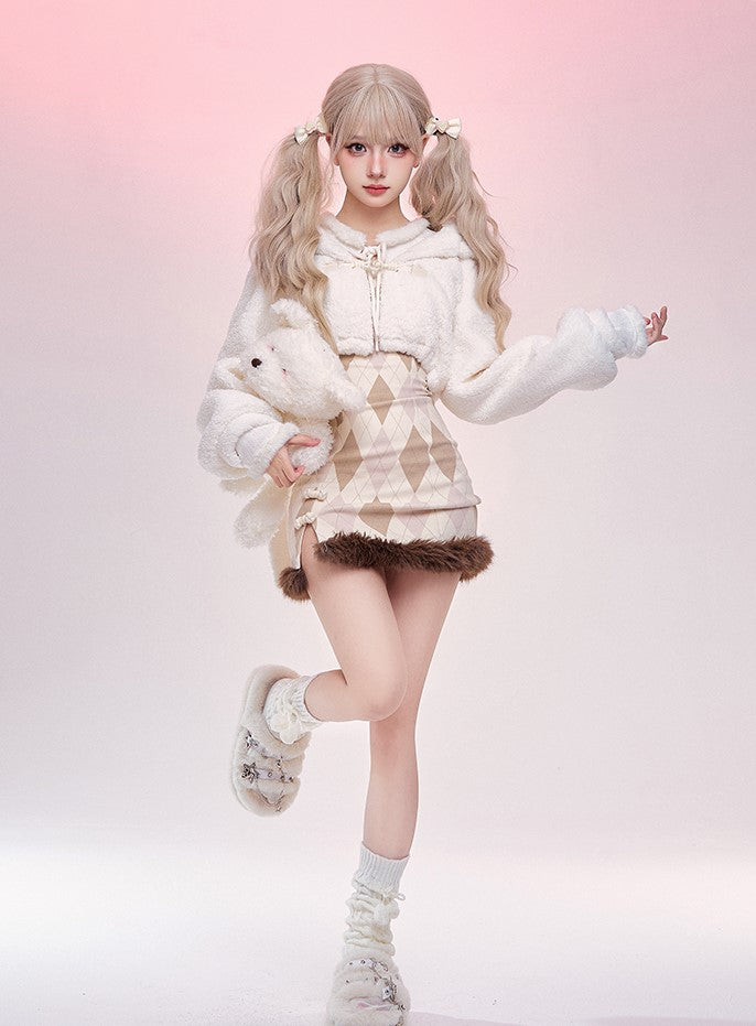 Serendipity Autumn Brown Argyle Long Sleeve Dress & White Rabbit Ears Hooded Jacket Two Piece Set