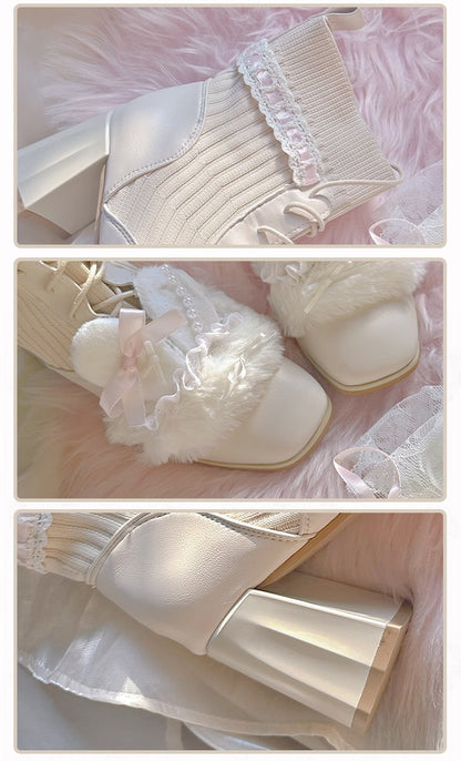 Pinky Rabbit Ears Plush Pearl Knit Coquette Winter Heels Boots Shoes & Lace Balletcore Leg Warmers