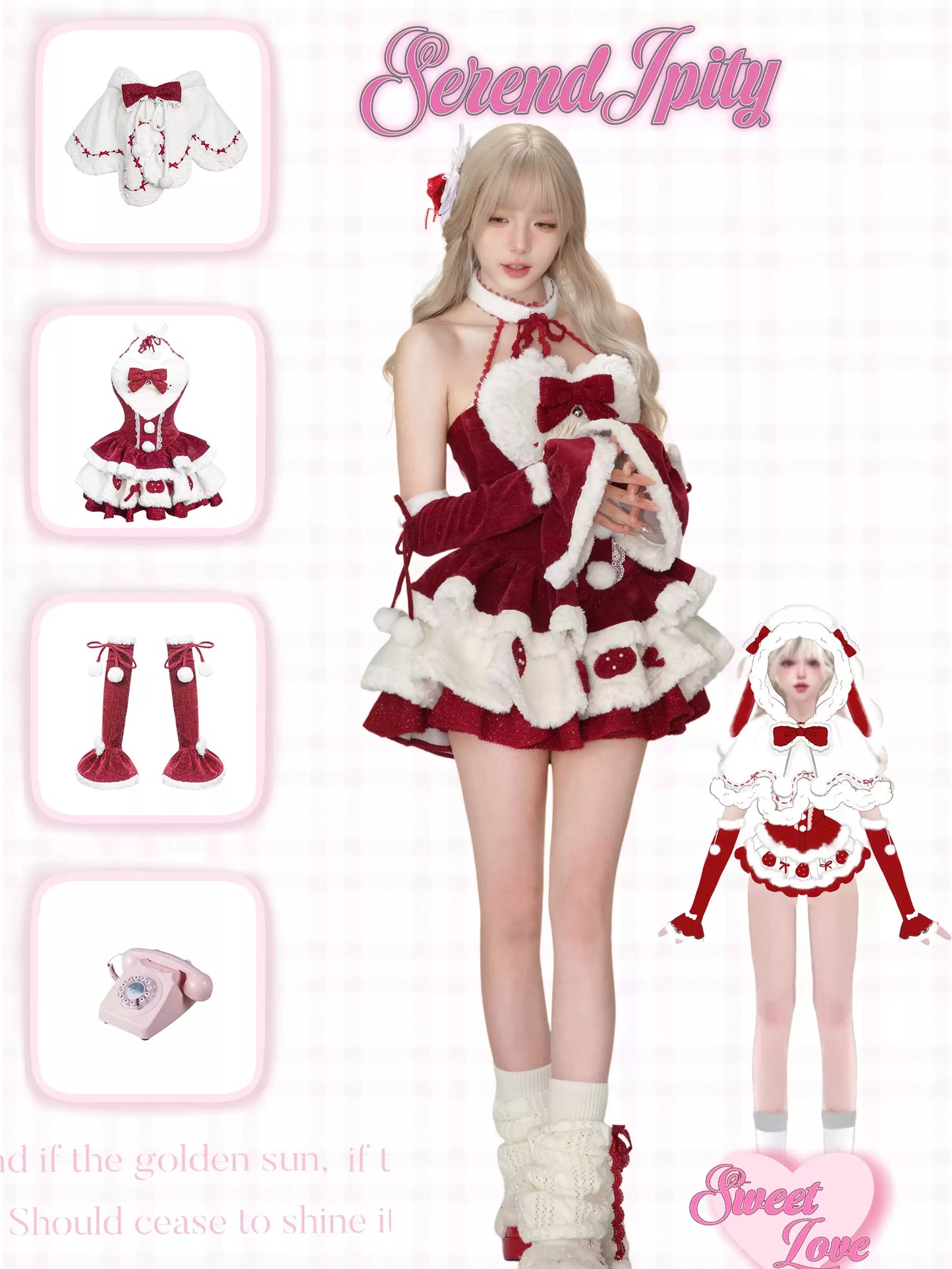 Serendipity Christmas Strawberry Rabbit Ears Cape & Red Dress & Arm Warmers Three Piece Set