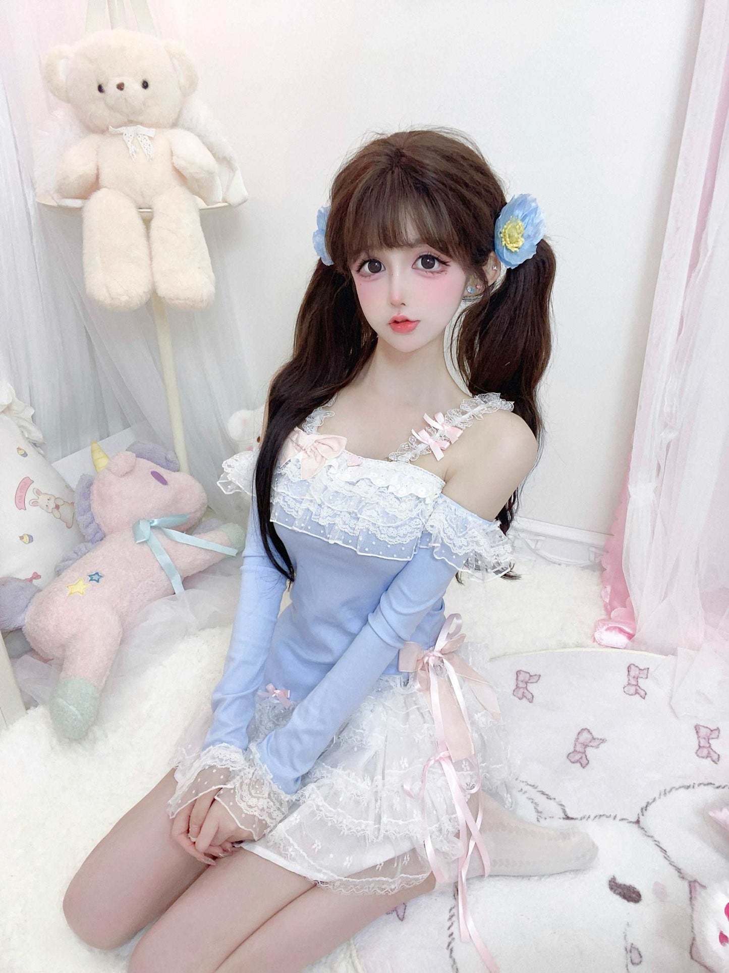 Candy Fairy Blue Bunny Top & White Ruffle Skirt Two Piece Set