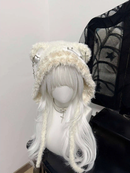 Y2K Polar Bear Ears Gray Black Wool Hats