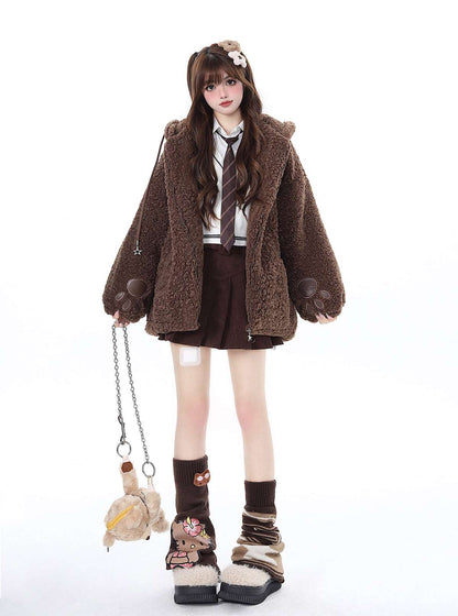 Crazy Girl Winter Bear Paws Hooded Plush Brown Jacket