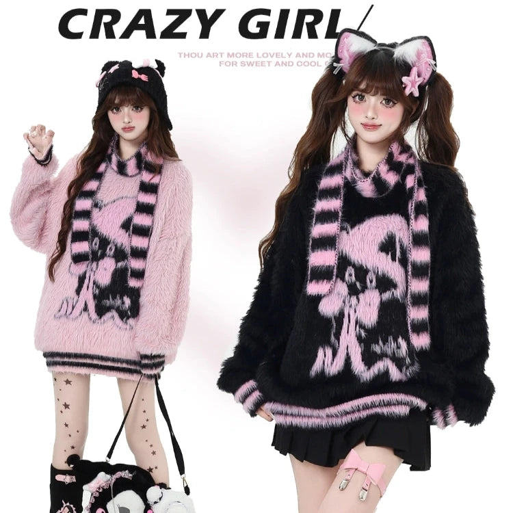 Crazy Girl Cat Witch Black Pink Striped Fuzzy Sweater Scarf