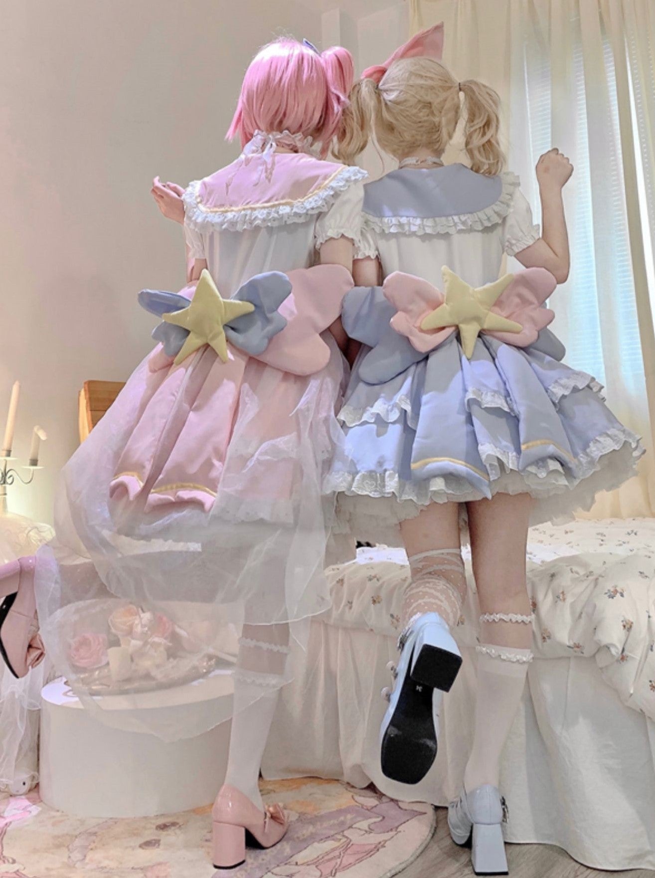 Starlight Sweetheart Magical Girl Anime Pink & Blue Star Sailor Collar Ruffled Lolita Dress