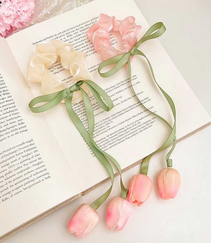 Sweet Tulip Flower Pink Beige Hair Tie Hair Accessories