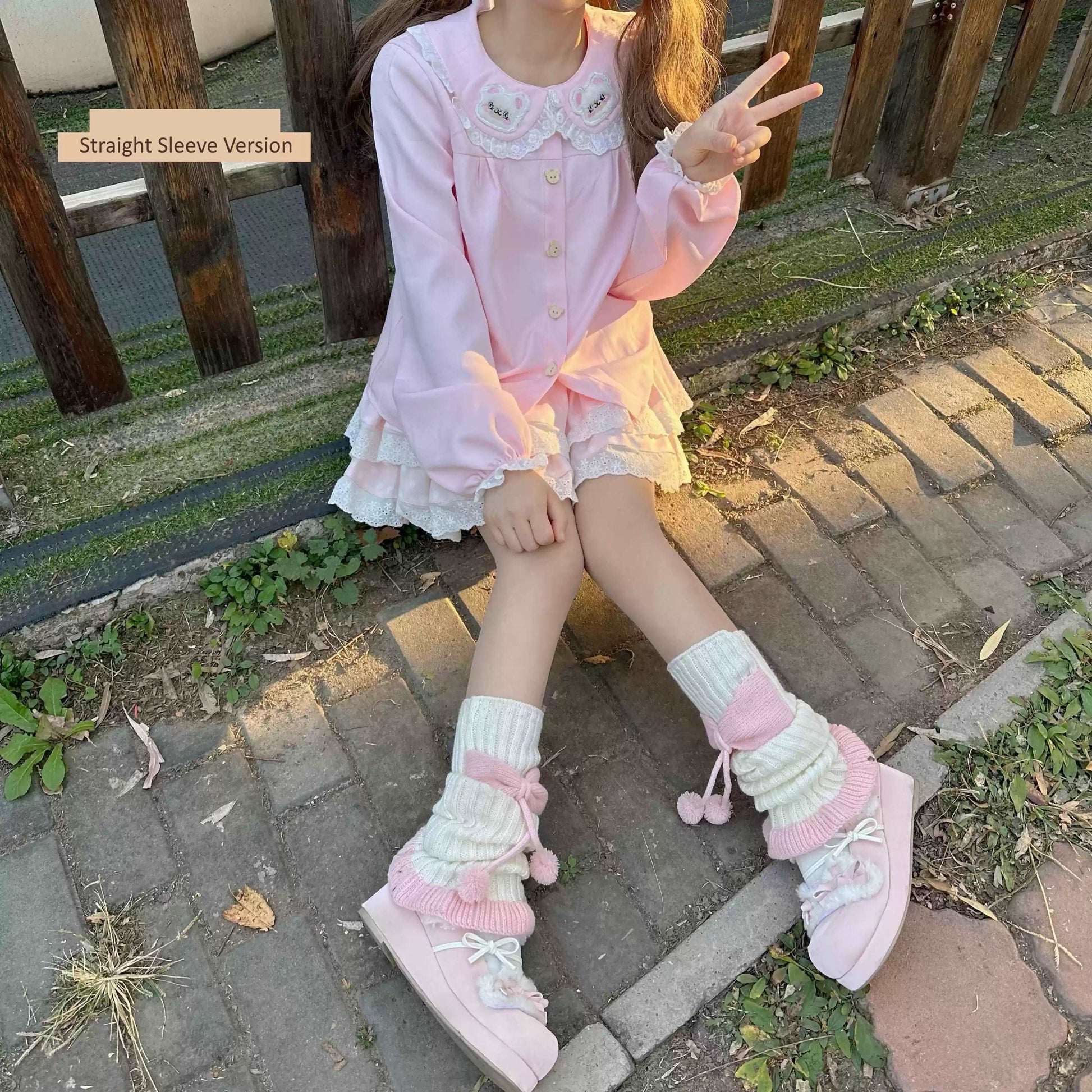 Bear Embroidery Lace Cotton Doll Collar Pink Shirt Blouse