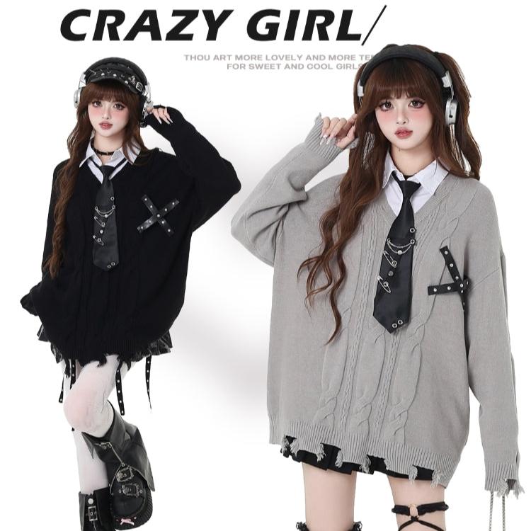 Crazy Girl New Student Report Black Gray Knit Sweater