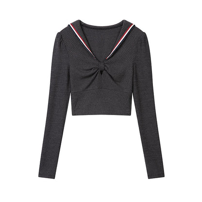 Monet Academia Fall Sailor Collar Black Bow Gray Knit Sweater Shirt Top