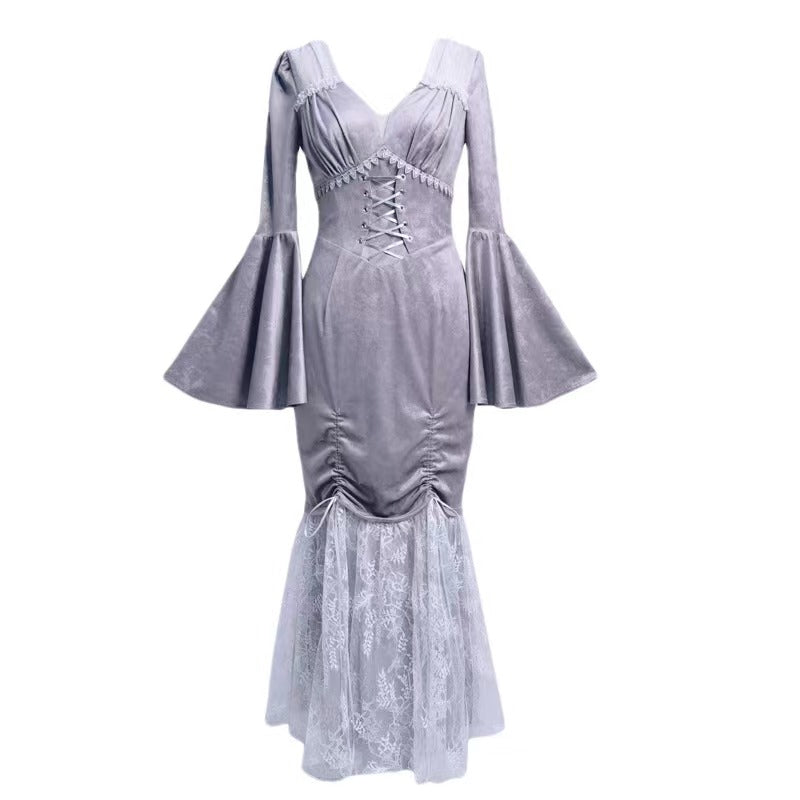 Blood Supply Swan Dream Gray Purple Embroidery European Style White Gothic Lace Princess Winter Fishtail Dress