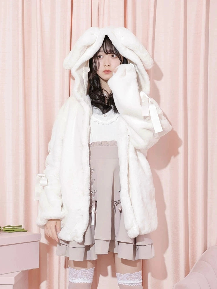 Jirai Kei Pink White Black Rabbit Ears Thick Winter Hoodie Jacket