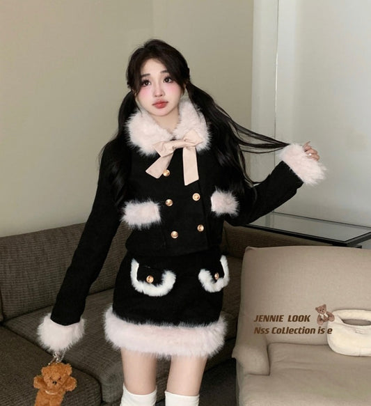 Elegant Lady Chic Fur Collar Fur Cuffs Black Jacket & Skirt Two Piece Set